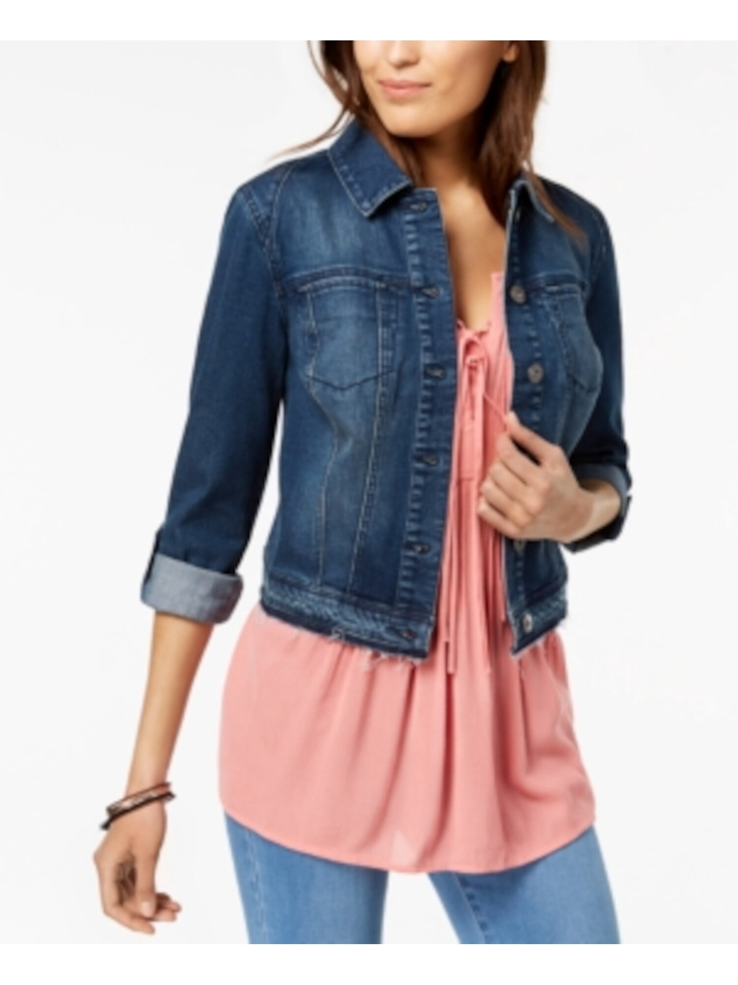 Womens Blue Denim Cropped Button Down 