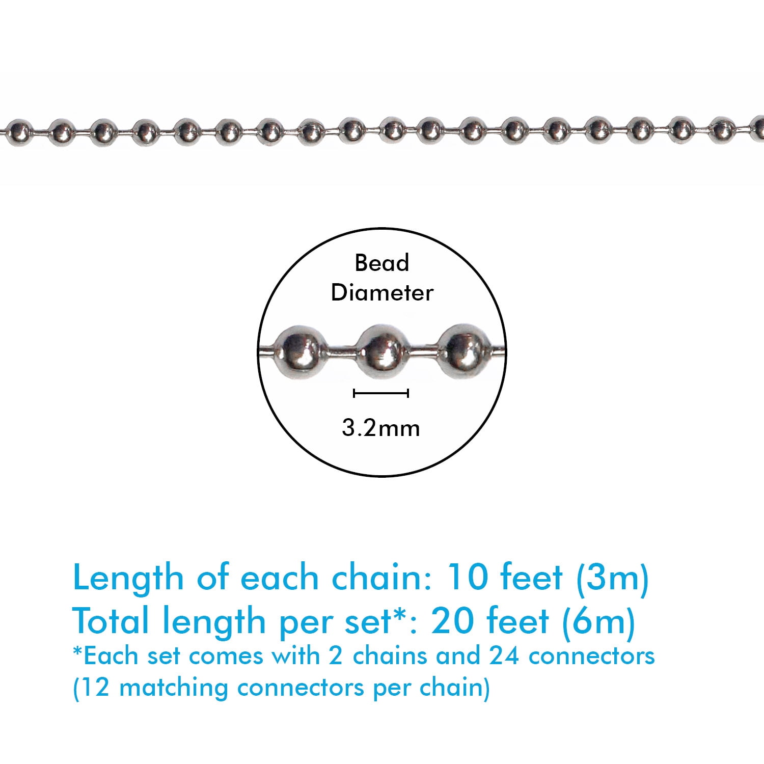 INORS C1SYQDP 3.2 mm Diameter Beaded Pull Chain Extension with Connector,  10 Feet Beaded Roller Chain with 12 Matching Connectors for