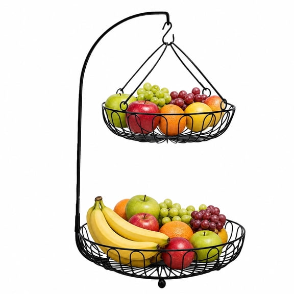 2-Tier Iron Countertop Fruit Vegetables Basket Bowl Storage With Banana Hanger & Detachable Fruit Basket, Black