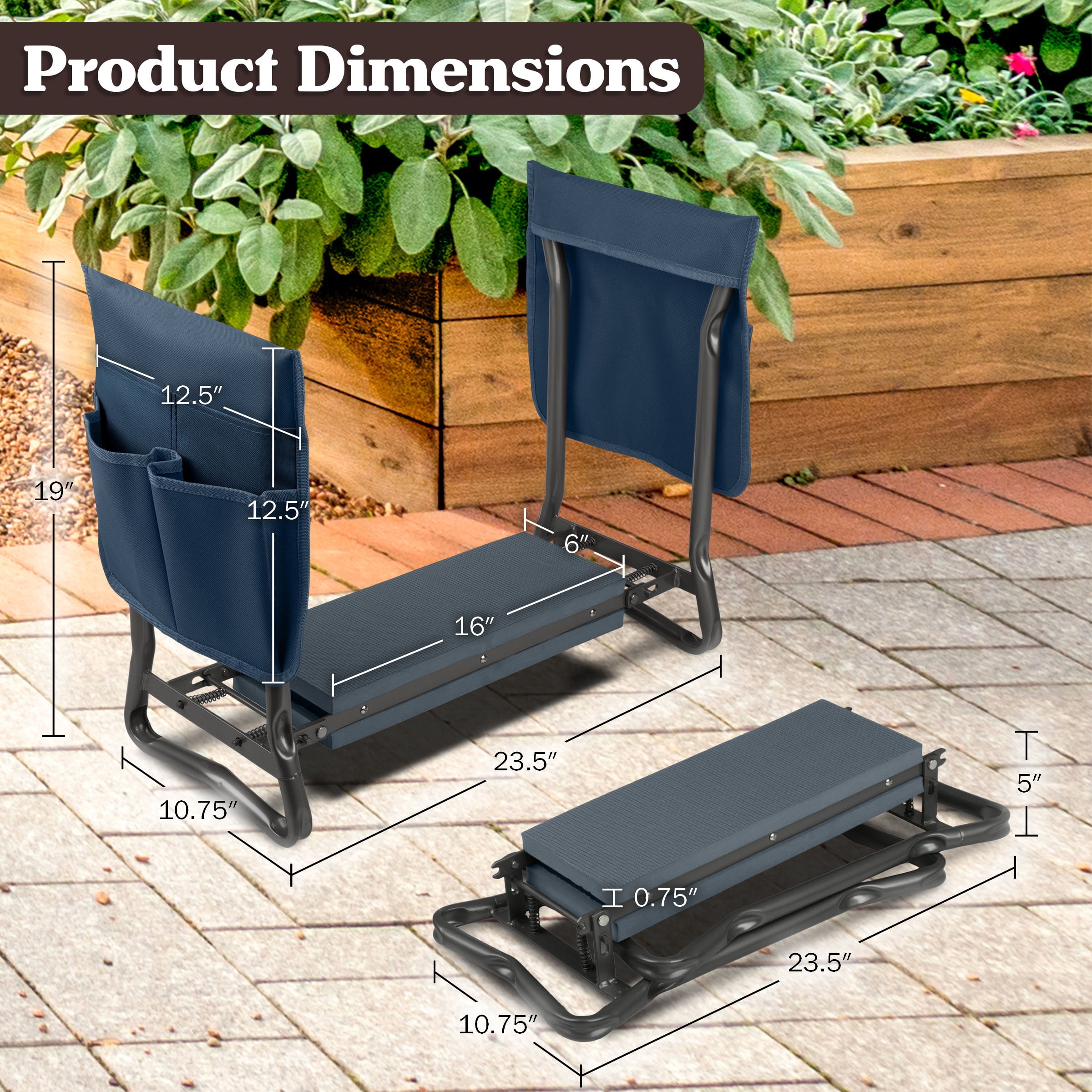Pure Garden 2-in-1 Garden Kneeler & Stool – Folding Bench with EVA Pad & Tool Pouches, Navy Blue