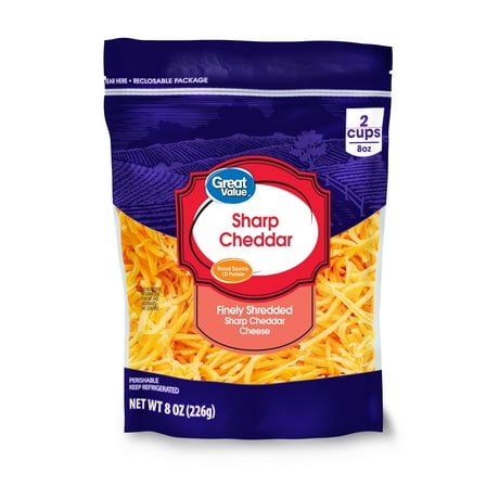 Great Value Sharp Cheddar Finely Shredded Cheese, 8 oz Bag