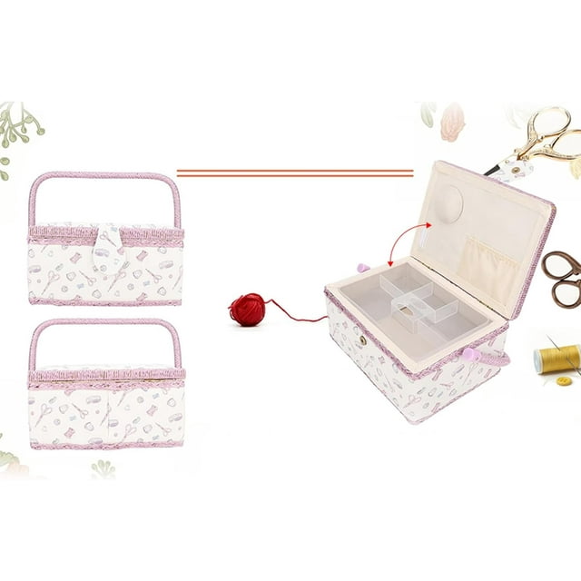 Sewing Basket with Pink Fabric Craft Thread Needle Vintage Sewing Basket Household Design Sewing Tool Storage Box with Removable Tray Builtin Pin Cushion and Interior Pocket