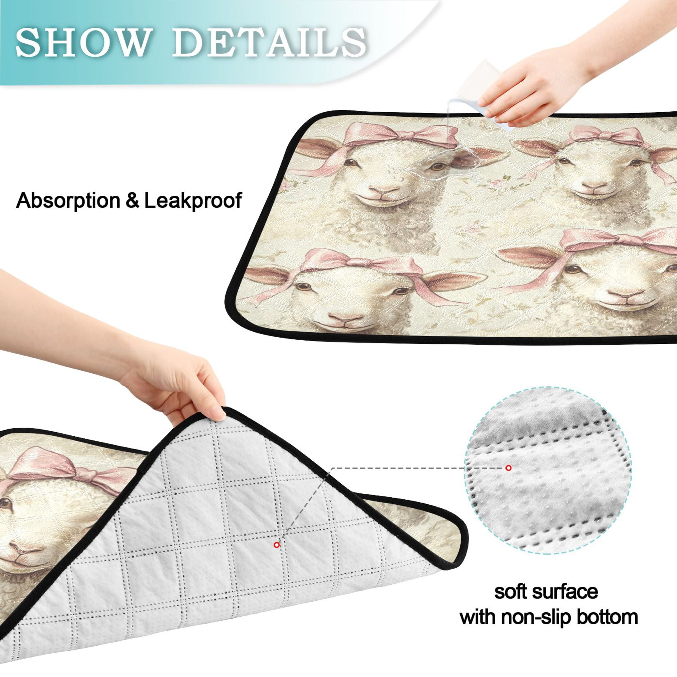 Qxltty Sheep with Bows Tied To Their Heads Pattern Cat litter Pads Pet Set of 3 Diaper Mats Center Anti-leakage Layer Absorbent Soft and Comfortable