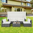 thumbnail image 1 of Gymax Ensemble de Mobilier de Patio en Rotin PE 6 Pcs avec Table en Verre Trempé et Auvent Rétractable, 1 of 10