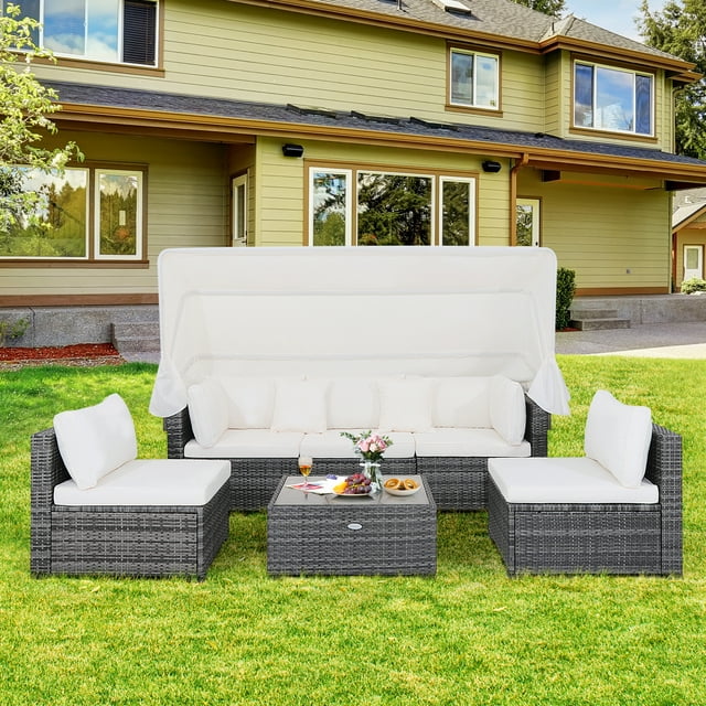 Gymax 6 PCS PE Rattan Patio Furniture Set w/ Tempered Glass Table and Retractable Canopy