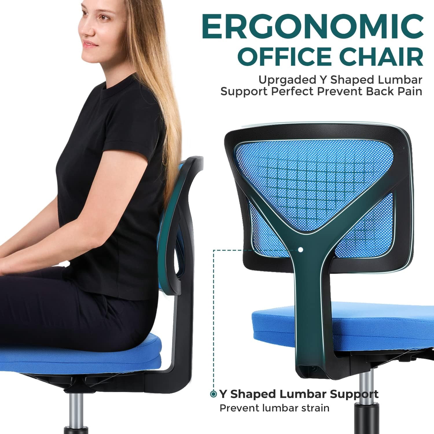 Armless Mesh Office Chair, Ergonomic Low-Back Swivel Desk Chair with Wheels and Lumbar Support, Height Adjustable, Blue
