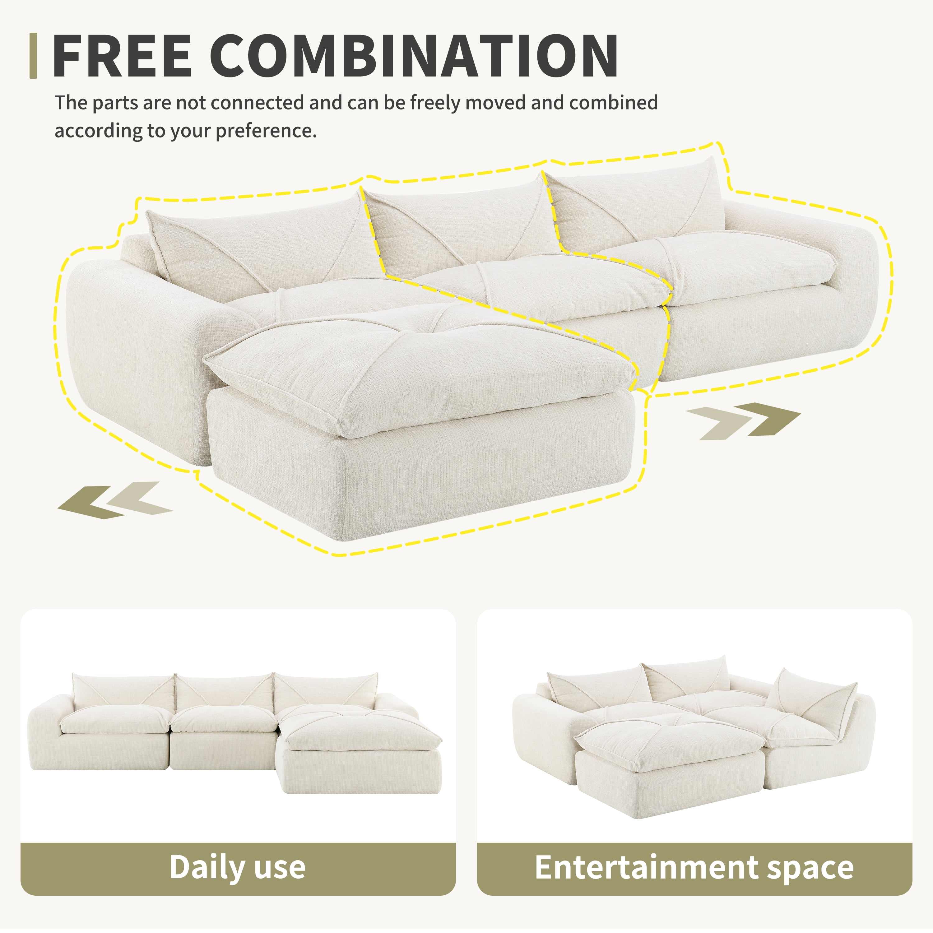Euroco 116'' Fully Compressed Sofa with High Density Foam, Integrated Backrest&Seat Cushion, Decorative Edging, Legless Design without Frame, No Assembly Required, Free Combination