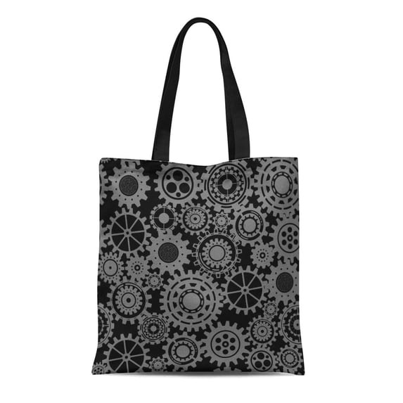SIDONKU Canvas Bag Resuable Tote Grocery Shopping Bags Pattern Black Gears Steampunk Cogs Machinery Circle Cogwheel Connection Engine Tote Bag