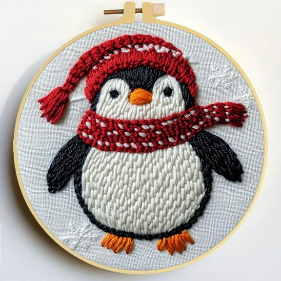 Punch Needle Kits Christmas Penguin Embroidery Starter Set with Hoop Easy for Beginners DIY Stress Relief Handmade Craft Hobby and Home Decor 20x20cm-1
