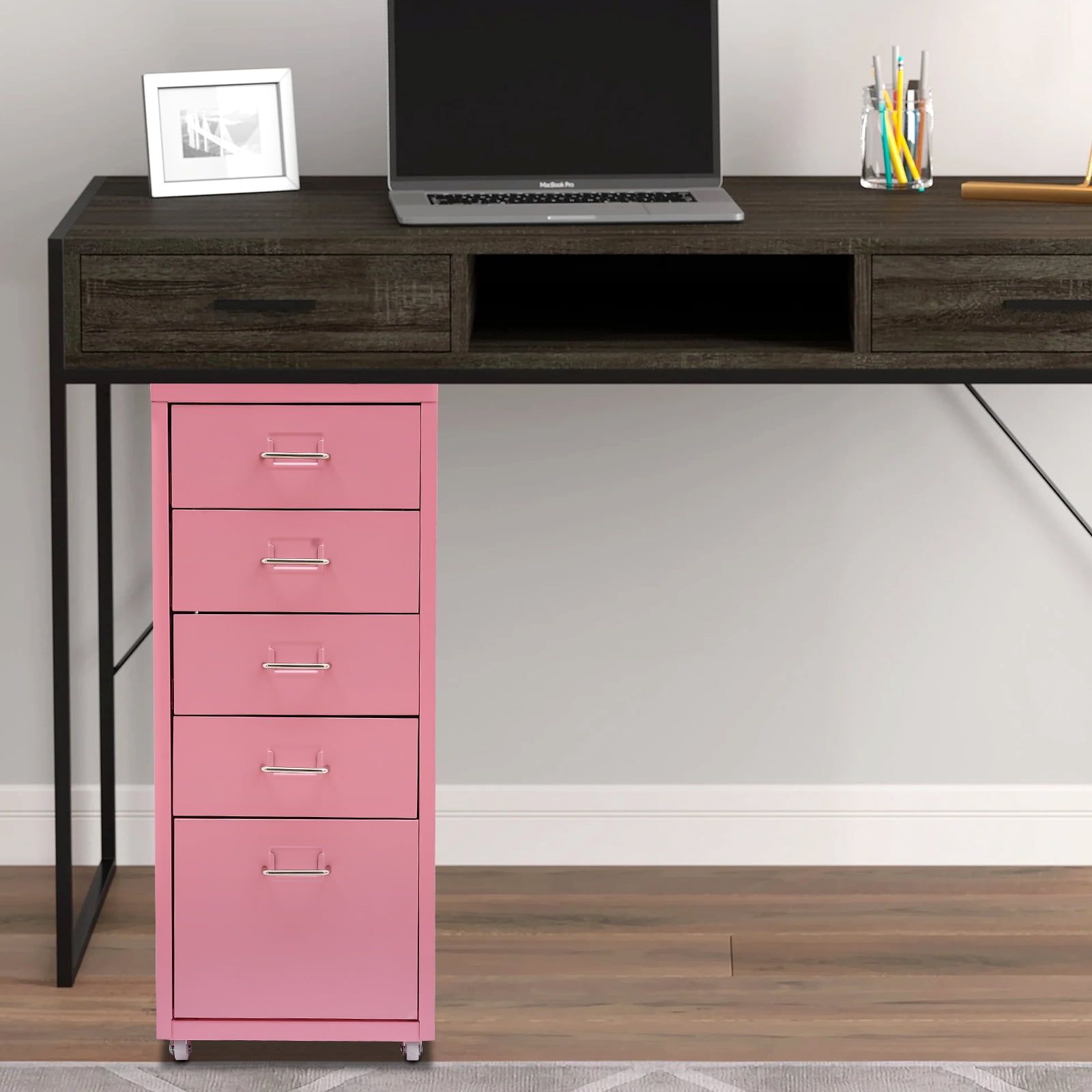 Fichiouy Metal File Storage Cabinet with Rubber Wheels 5-Drawer Storage Cabinet for Home Office 16" D x 11" W x 27" H