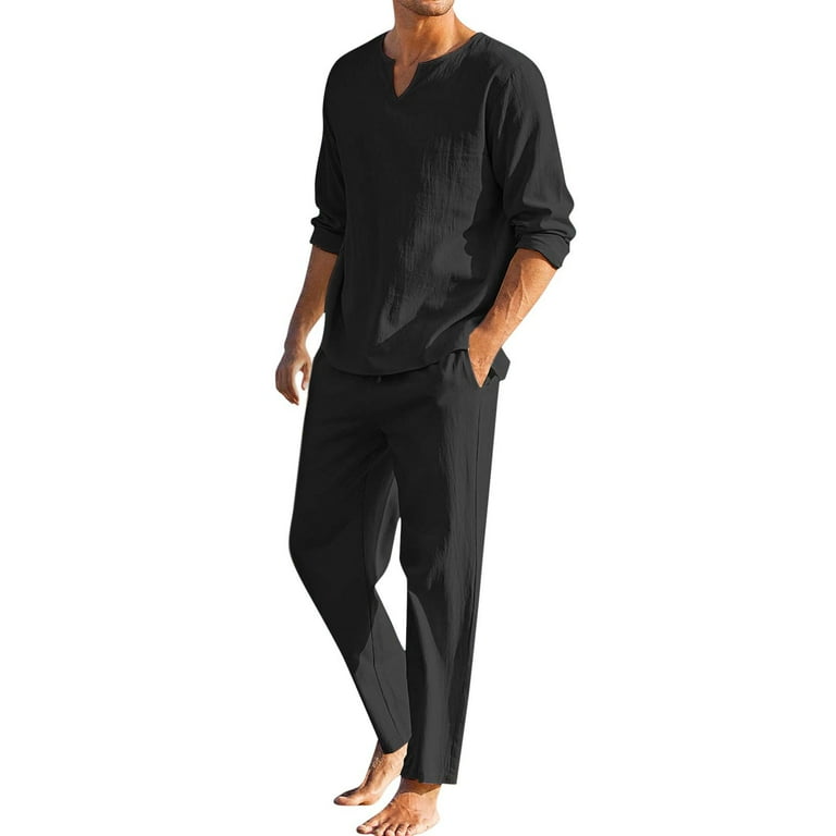 2022- Mannen Stukken Katoen Linnen Set Henley Shirt Lange Mouw En Casual Strand Broek Zomer Yoga Outfits Mens Lichtgewicht Pak, Wit, M