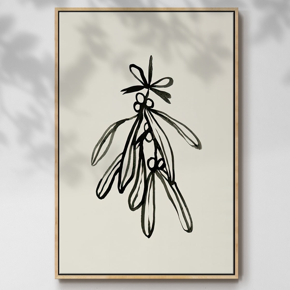 Mistletoe Sketch with Bows II - Framed Gallery Wrapped Holiday Canvas - 17 x 25 - Natural Wood Frame