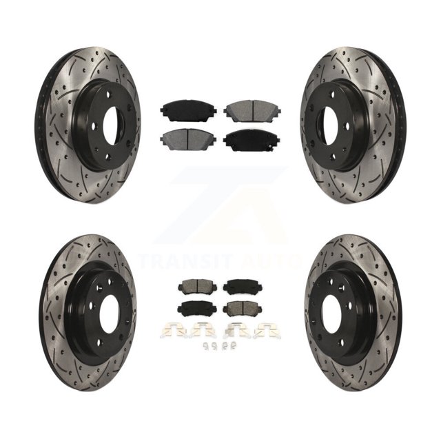 Transit Auto Front Rear Coated Drilled Slotted Disc Brake Rotors and Semi-Metallic Pads Kit for Car 2016-2018 Mazda CX-3 FWD KDS-100364