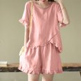 thumbnail image 2 of Women's Cotton Linen 2 Piece Outfits Cute Lace Crew Neck Short Sleeve Tops and Wide Leg Shorts Sets Tracksuits, 2 of 6