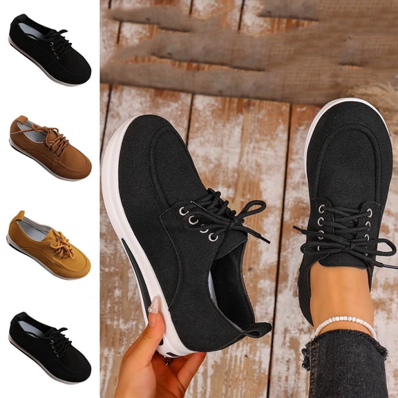 Crunowin Women's Sneakers, Thick Sole Sporty Comfortable Plus Size Lace-Up Fall Shoes Black 6