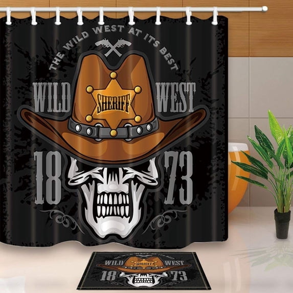 ARTJIA Wild Western Decor Cowboy Skull in the Hat and Sheriffs Star on Grunge Shower Curtain 66x72 inches with Floor Doormat Bath Rugs 15.7x23.6 inches
