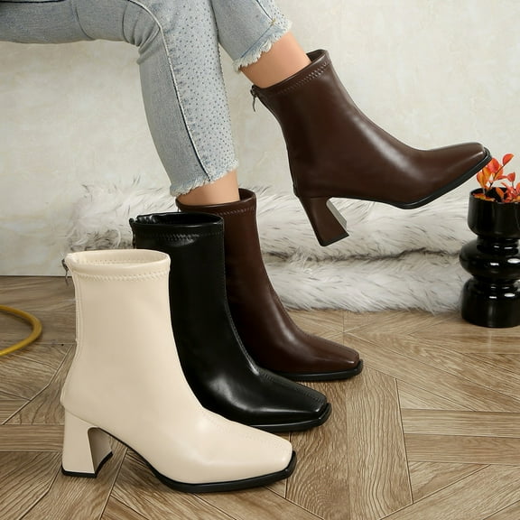 Miluxas Women Elegant Platform Boots Chunky Heel Pumps Shoes Fall Winter Casual Booties Brown 8.5(41)