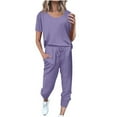 thumbnail image 2 of BLTIBY 2 Piece Sets for Women Summer Solid Color Short Sleeve Round Neck Shirts Wide Leg Drawstring Pants Set Fashion Comfortable Outfits with Pockets Purple XL, 2 of 5