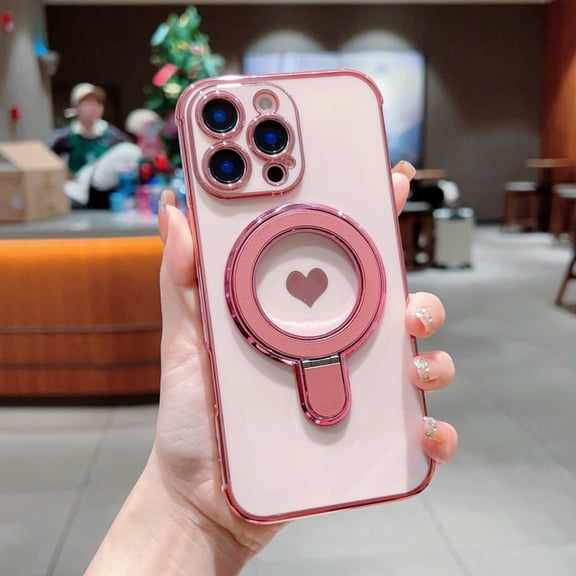 Case for iPhone 16, Plated Frame Cover with Ring Kickstand, Cute Side Heart Pattern Lightweight Shockproof Protective Phone Case for Girls Women - Pink