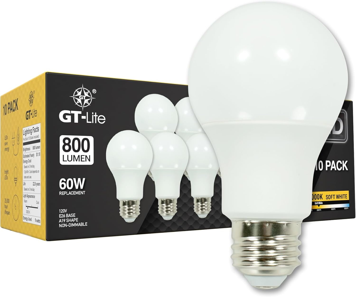 FEFEFW-10 Pack Soft White LED Light Bulbs, 60W Equivalent,9 watts 3000K, A19 Shape, E26 Medium Base,Standard Household Llightbulb for Lamps, Living Room, Bedrooms
