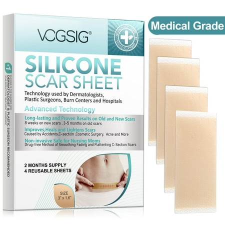 Vogsig 4PCS Medical Silicone Scar Sheets 3x1.6inch Reusable for 2 Months, Reduce Scar for Surgery,Burn,Acne,C-Section