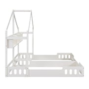 Twin Size House Floor Bed with Roof, Wood Double Twin Beds with Shelves and Guardrail for 2 Kids, Two Shared Beds Montessori Bed Frame, House Platform Bed for Girls Boys, Creamy White