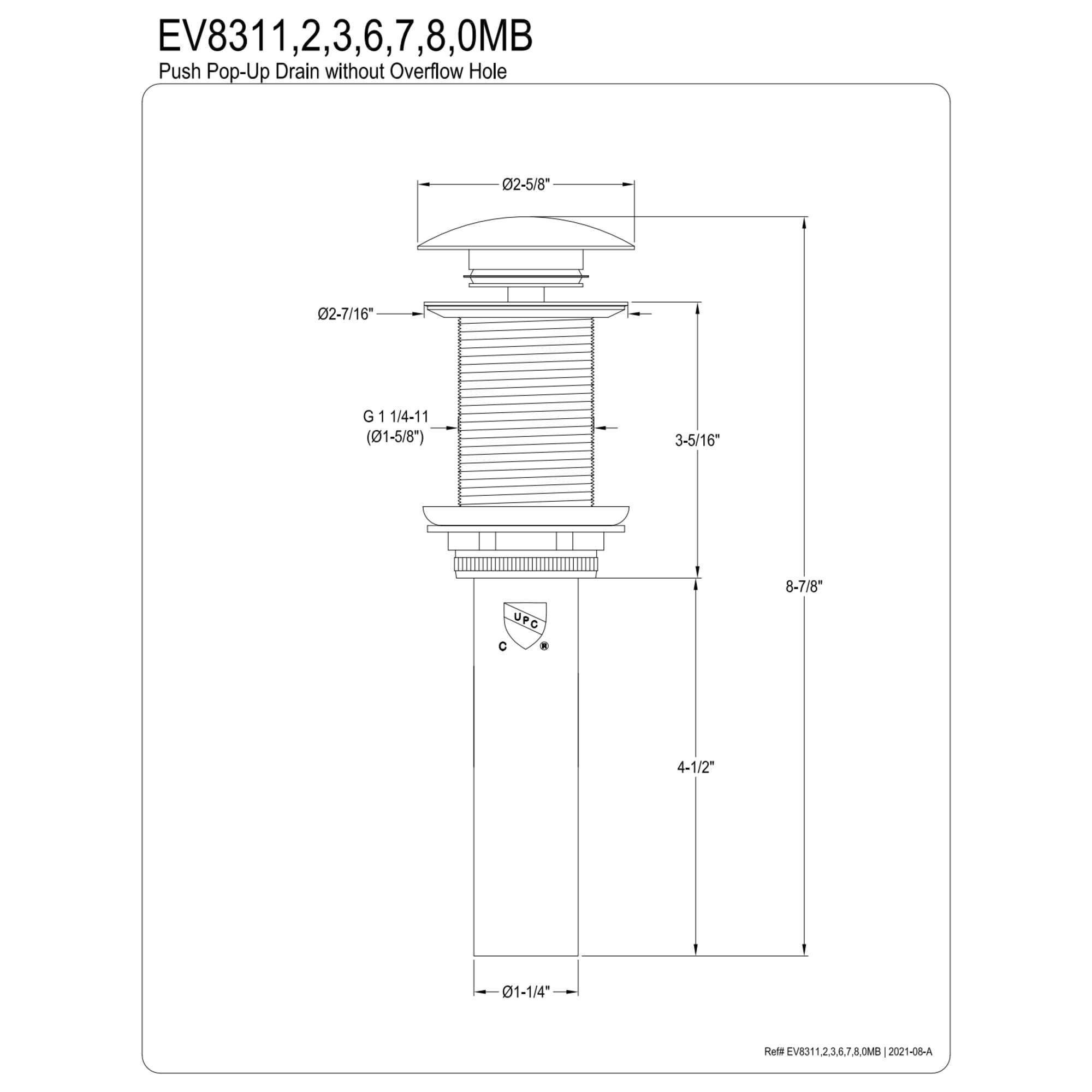 Kingston Brass EV8318 Coronet Brass Push Pop-Up Bathroom Sink Drain in Brushed Nickel