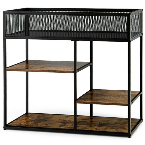 Resenkos 4-Tier Industrial Console Table with Wire Basket and shelf-Rustic Brown, Narrow Console Table, Entryway Hall Table with Shelves for Foyer & Entry Spaces