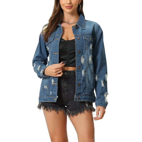 Allegra K Women's Denim Jacket Oversized Button Down Ripped Distressed Jean Coat