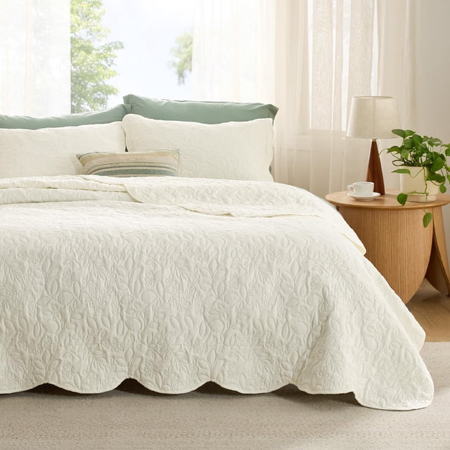 Juego de ropa de cama Bedsure, colcha king size, color amarillo crema y 2 fundas de almohada