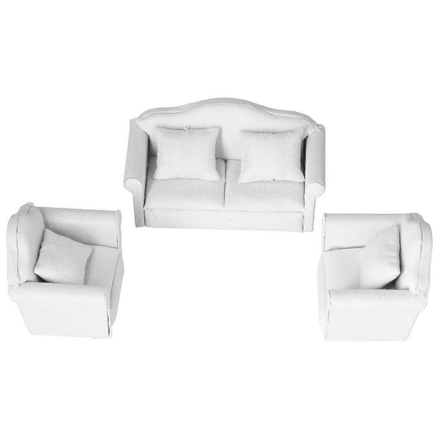 1:12 dollhouse mini sofa pure white set of 3 sofas mini living room furniture white models — front-facing view of one double sofa and two single armchairs in pure white scale 1:12 with fabric upholstery, finely stitched cushions and four matching throw pillows; double sofa 13.5cm (5.3in) length, single sofas 8.2cm (3.2in), shown on white background, suitable for miniature dollhouses, room boxes or photographic props; often used as detailed props for scale photography.