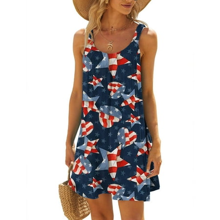

Hvyesh Summer Dresses for Women 2023 Plus Size Elegant Long Dress Independence Day Graphic Round Neck Sundresses Spaghetti Strap Sleeveless Comfortable Dresses Blue