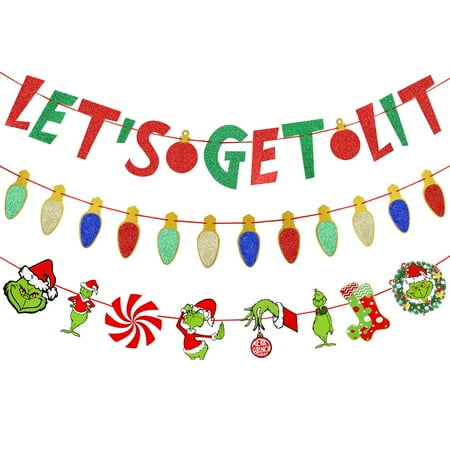 

Red Green Glitter Lets Get Lit Banner Grinch Christmas Banner Let s Get Lit Garland Christmas Holiday Banner for Ugly Christmas Sweater Party Decorations Merry Friendsmas Christmas Party Decorations