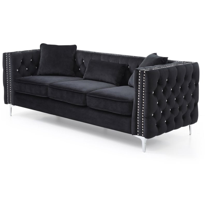 Maklaine Contemporary Soft Velvet Jeweled Buttoned Tufted Sofa in Black ...