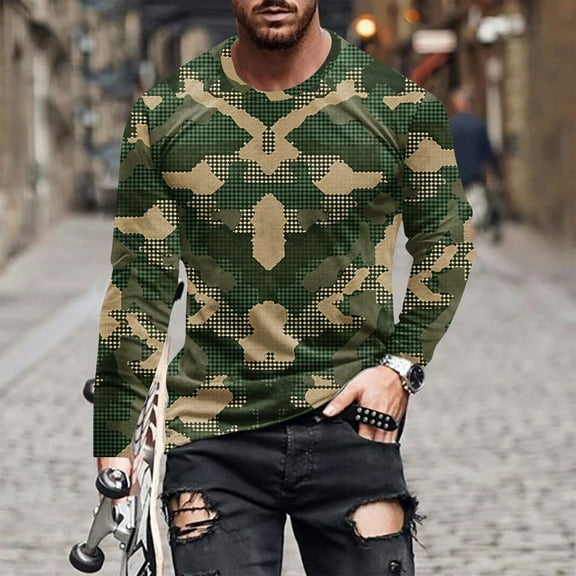 Goodtrade8 Casual Mens Tops for Fall Long Sleeve Printed Crew Neck Fall Shirts for Men