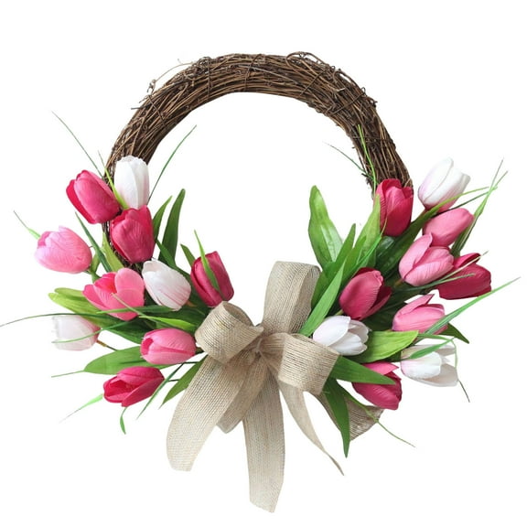 Artificial Tulip Wreath for Front Door - 16 Inch Spring Summer Silk Flower Wreath with Green Leaves, Rattan Half Circle Design for Indoor Outdoor Wall Window Home Decor