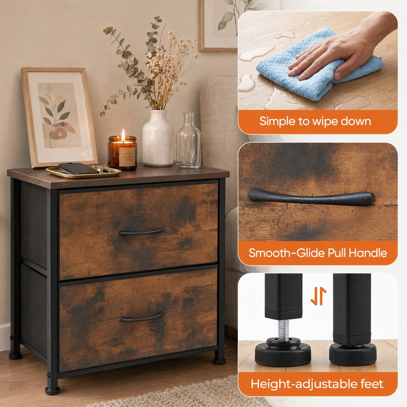 Telyra Fabric Nightstand with 2 Drawers 20" Bedside Table with Wood Top and Steel Frame Small Storage Organizer, Rust