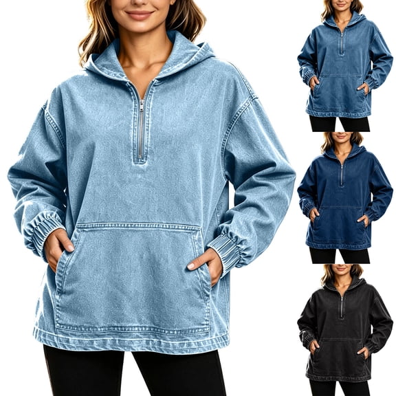 Women's Quarter Zip Hoodie Denim Pullover Oversized Long Sleeve Casual Hooded Top with Kangaroo Pocket Relaxed Fit Sweatshirt for Daily Commute Weekend Outings