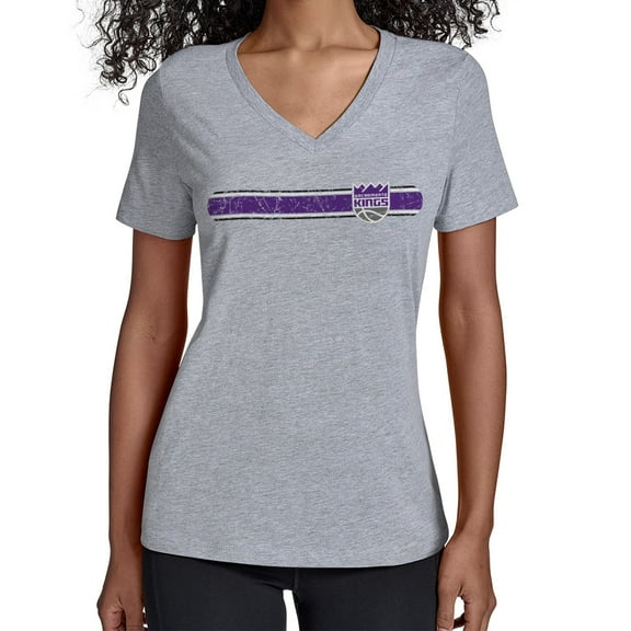 Women's Starter Gray Sacramento Kings Team Stripe V-Neck T-Shirt