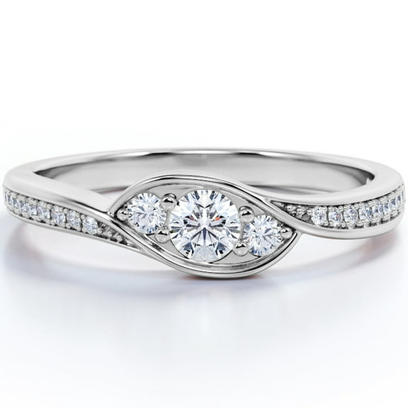 JeenMata Three Stone Flush Bezel - 1.75 Carat Round Shaped Moissanite - Pave Channel Engagement Ring - 18K White Gold Plating Over Silver