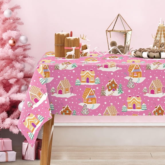 Pink Christmas Tablecloth Cartoon Gingerbread House Table Cloth Rectangle Table Cover for Xmas Holiday Party Table Decor, 60 x 102 Inch