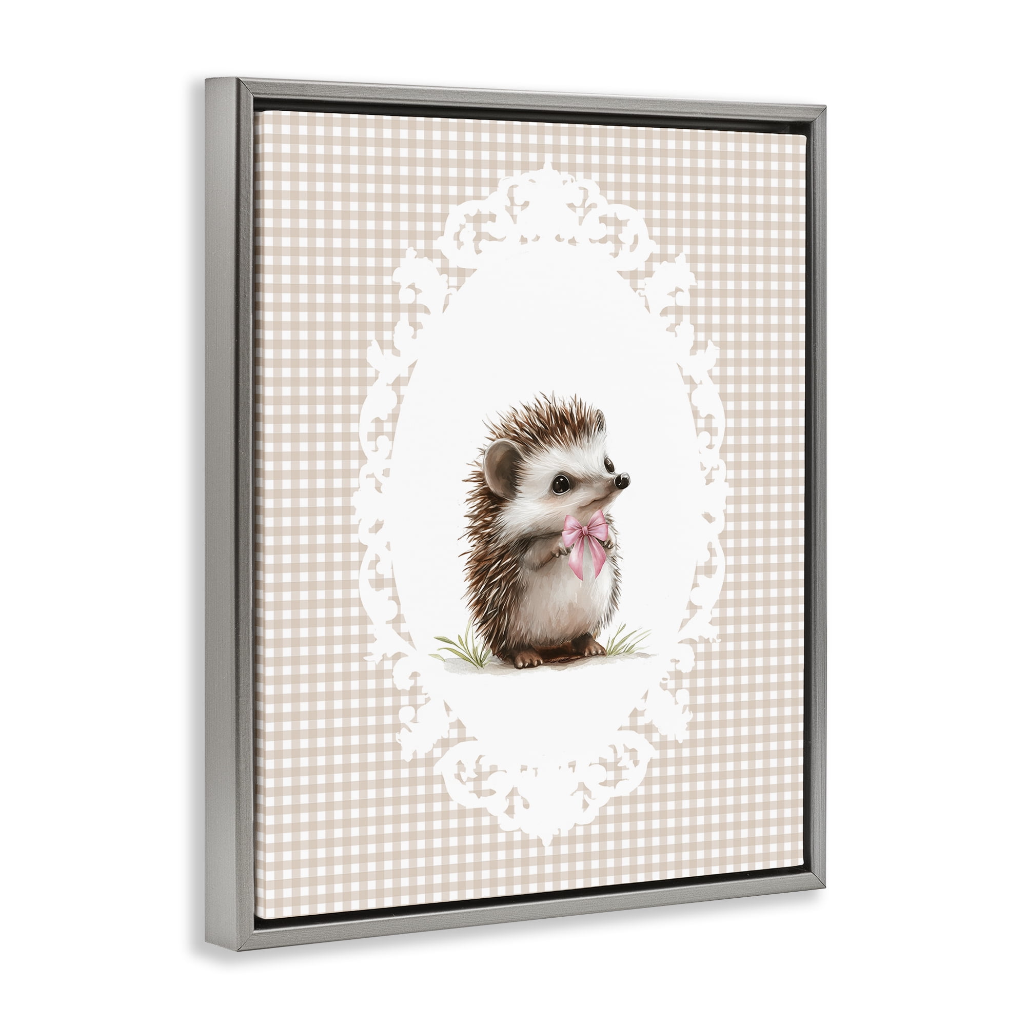 Stupell Industries Vintage Bow Hedgehog on Gingham Gray Framed Floater Canvas Wall Art, design by Christine Simpson Art
