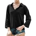 thumbnail image 1 of Women Pocket Long Sleeve Stand Collar V Neck Solid Color Shirt, 1 of 7