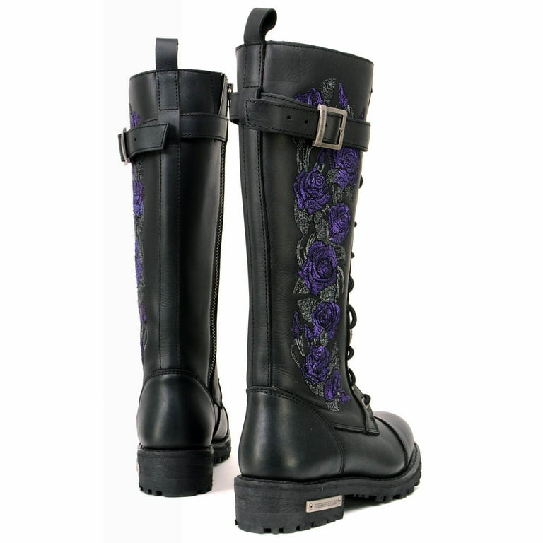 Milwaukee Leather MBL9357 Women s Black 14 Tall Motorcycle Boots Lace Up High Rise Purple Embroidered Leather Shoe 5.5