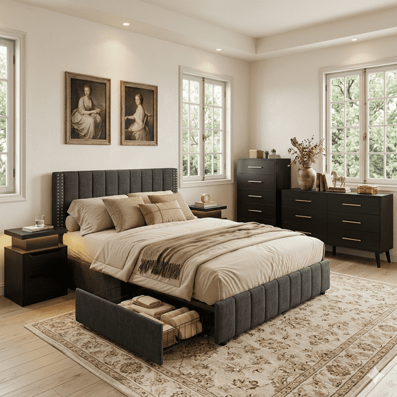 4 Pieces Bedroom Furniture Set, Includes Queen Bed Frame with 4 Under-Bed Drawers, Nightstand,Wide 7-Drawer Dresser and Tall 5-Drawer Dresser with Aiti-Toppling Device- Black
