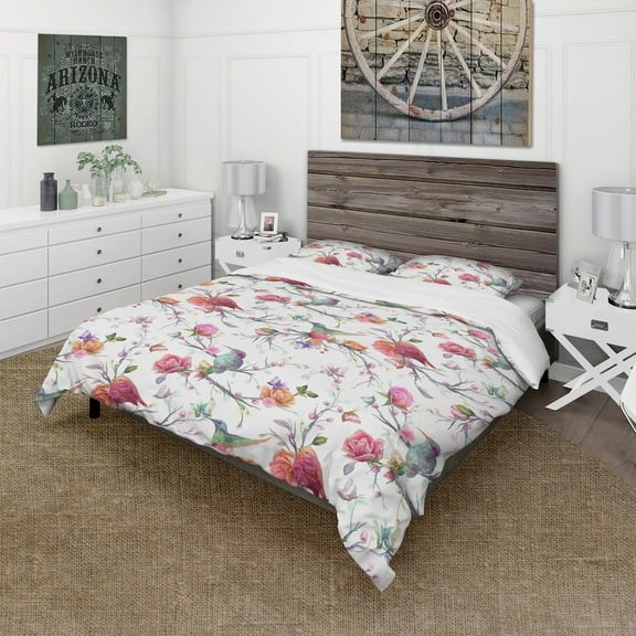 Designart 'Vintage Pattern: Bird, Flowers, Leaves' Farmhouse Duvet Cover Set