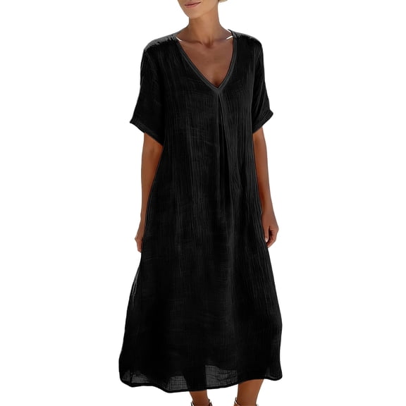 POROPL Maxi Dresses for Women Cotton Linen Short Sleeve V Neck A-Line Dress Flowy Beach Dress