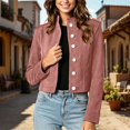 thumbnail image 2 of DeHolifer Women's Denim Jacket Collarless Solid Color Button Down Cropped Length Casual Jean Jacket Pink L, 2 of 7