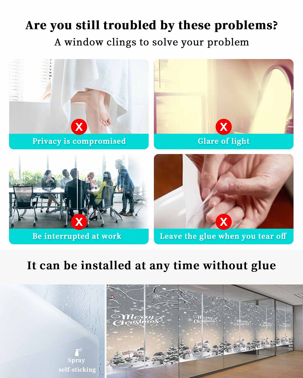 Merry Christmas Window Privacy Film Stained Glass Window Film Decorative Windows Cover Static Windows Cling for Glass Door Grey Snowman Snowflake Xmas Tree Winter Stickers for Bathroom 23.6"x59"
