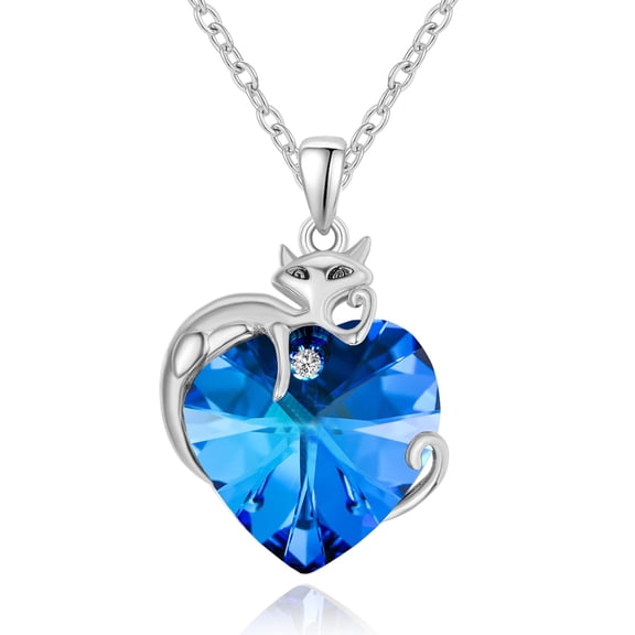 TANGPOET Sterling Silver Blue Sapphire Cat Pendant Necklace Cute Animal Jewelry Gift for Wife Her Mom